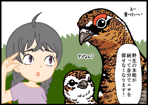 登山用語「野生生物」に勝手に餌をやる登山者とソレを止める登山者の4コマ漫画