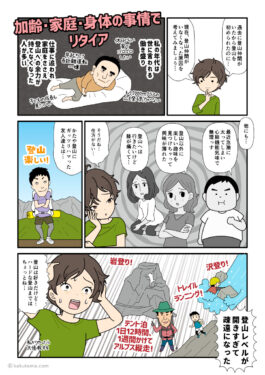 登山仲間が居なくなった原因を考える登山者の漫画とイラスト