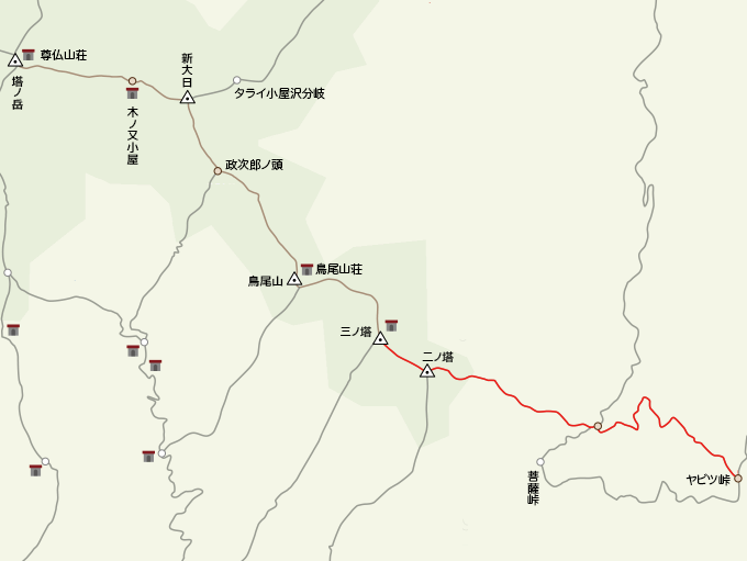 三ノ塔からヤビツ峠までの地図