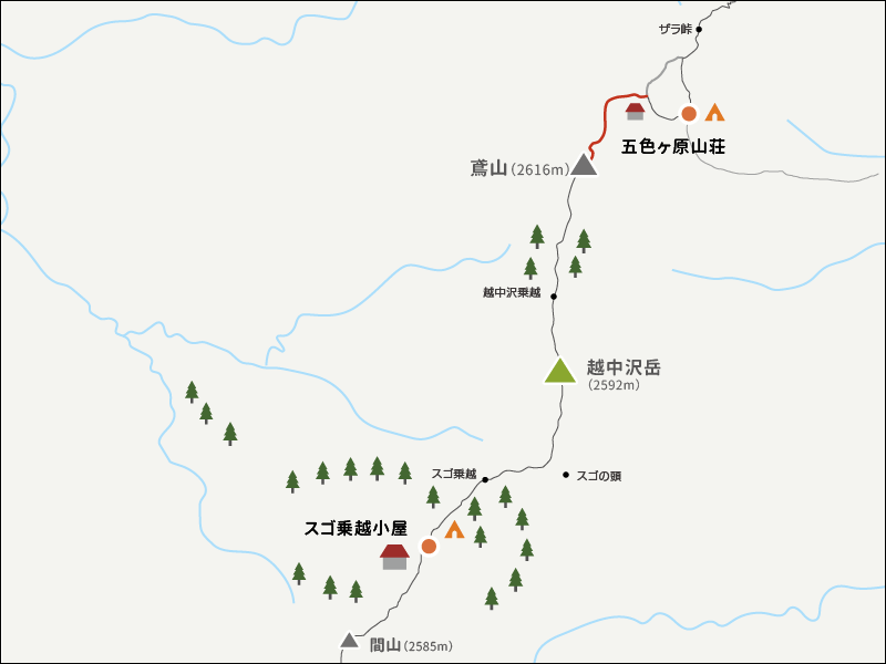 鳶山から五色ヶ原山荘までのイラストマップ