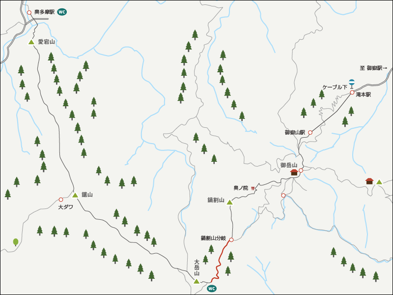 鍋割山分岐から大岳神社までのイラストマップ