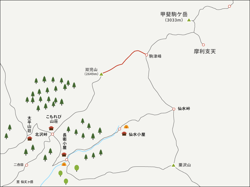 甲斐駒ケ岳双児山から駒津峰までのイラストマップ