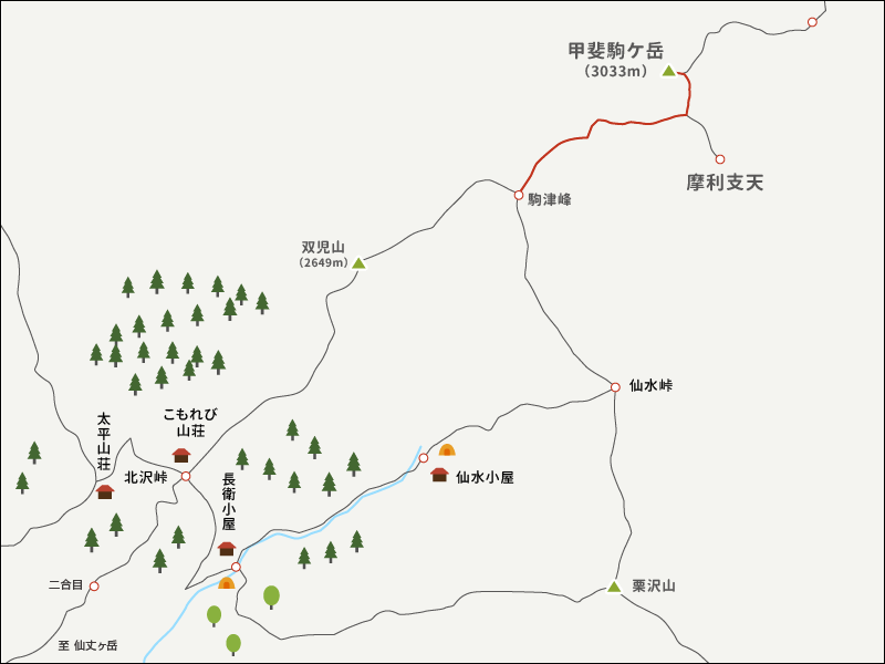 甲斐駒ケ岳駒津峰から甲斐駒ケ岳までのイラストマップ