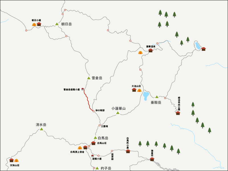針の鞍部から雪倉岳避難小屋までのイラストマップ