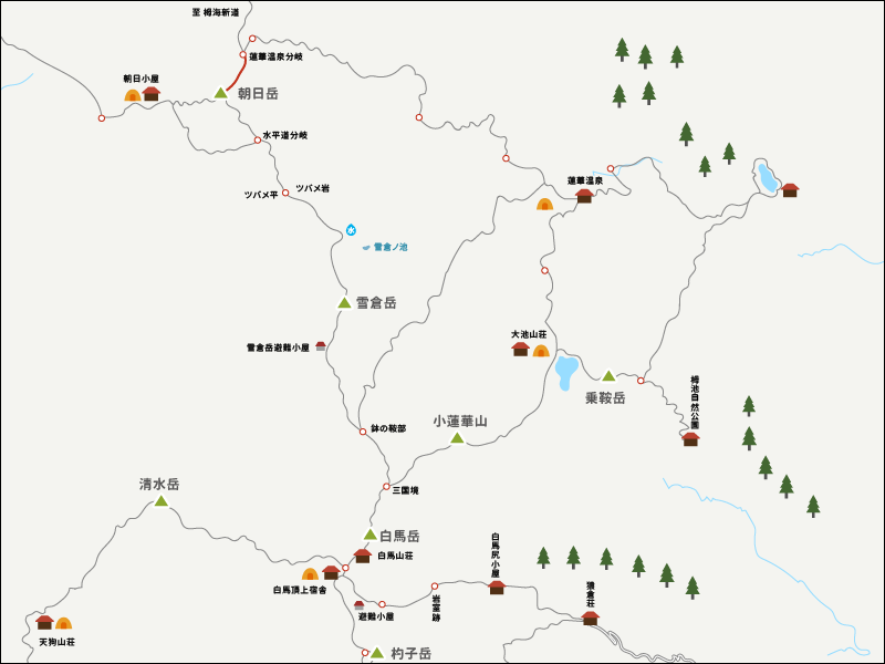 朝日岳から蓮華温泉分岐までのイラストマップ