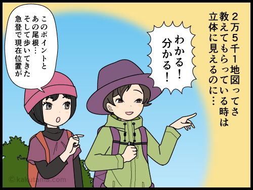 地図読みは習っている時はわかるが一人になるとわからなくなる登山者の4コマ漫画