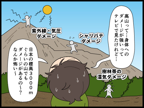 ハードな高山登山後に疲れがとれない上に鼻血が出ていた登山者の四コマ漫画