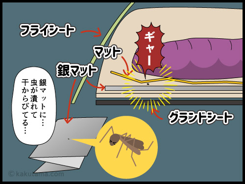 テント泊時に虫がテント内で潰れていることがあるよな〜と思う登山者の漫画