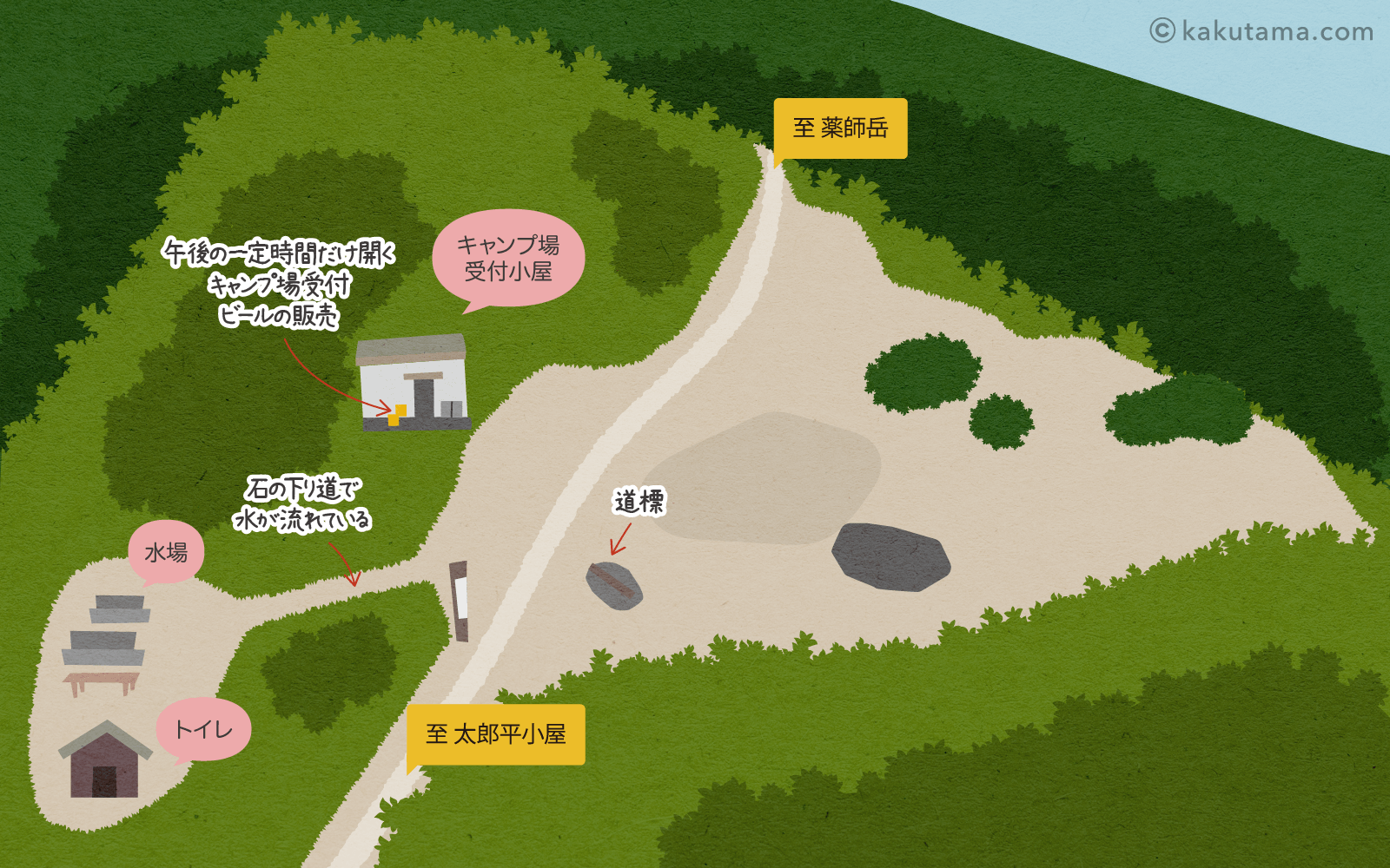 薬師峠キャンプ場のイラストマップ