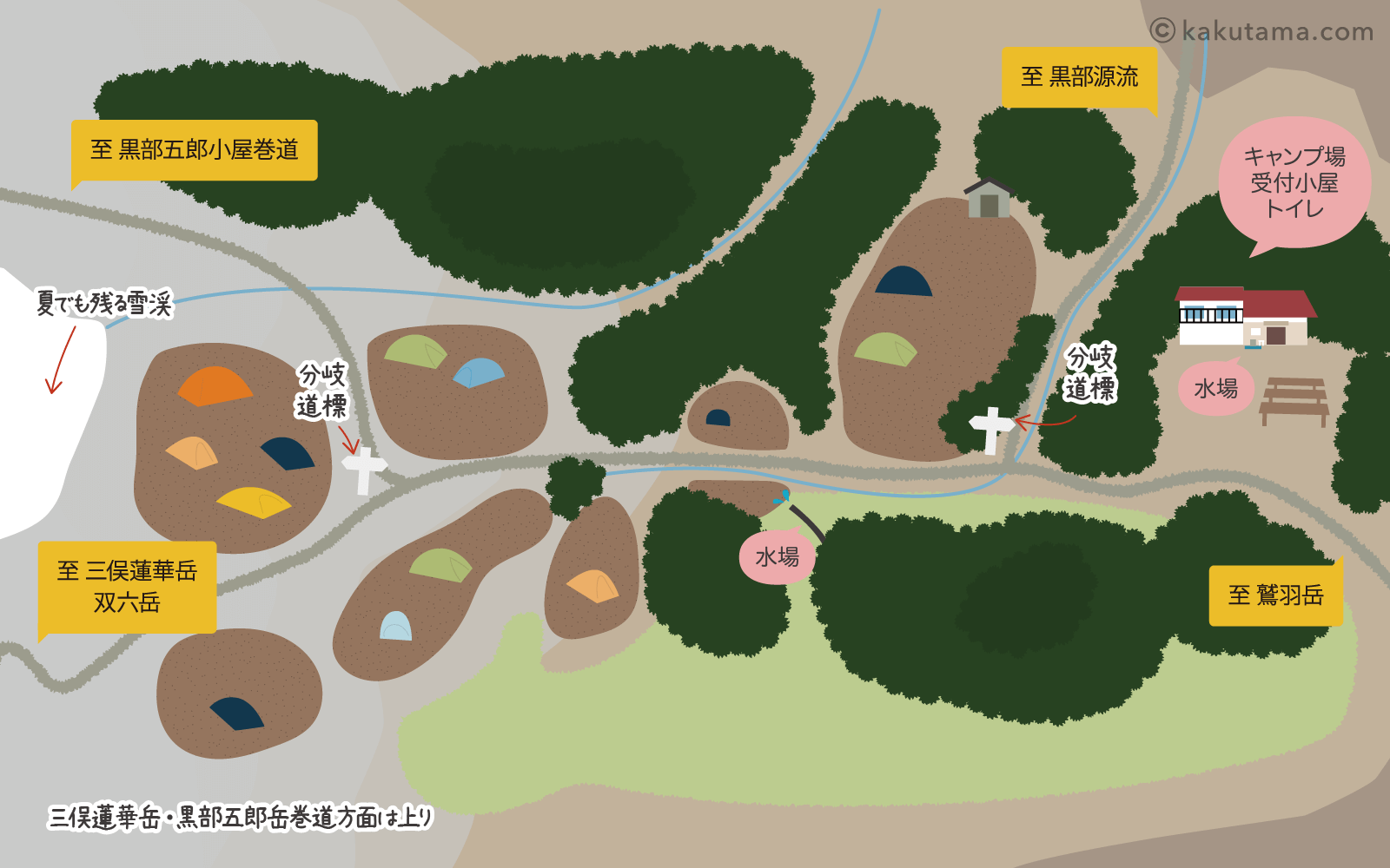 三俣山荘テント場のイラストマップ