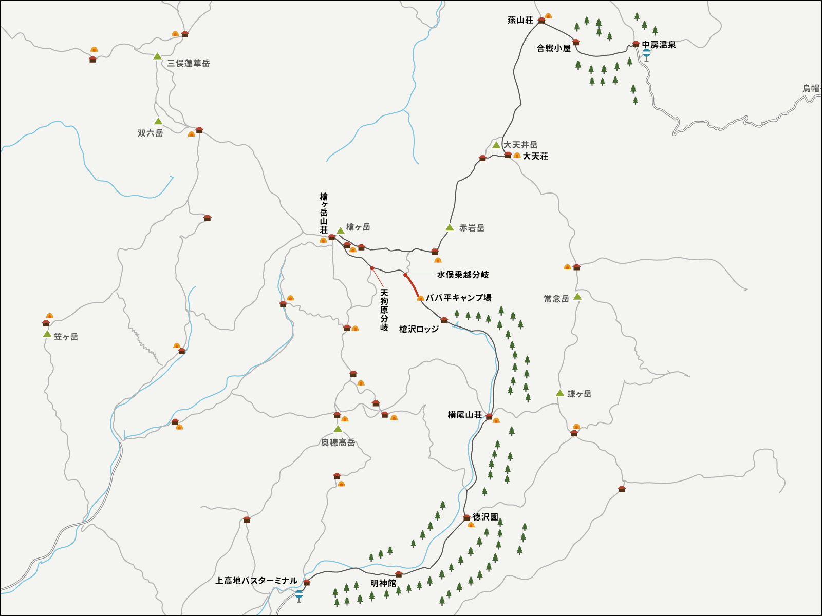 ババ平キャンプ場から水俣乗越までのイラストマップ