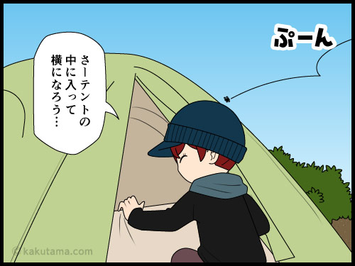 頑張って設営したテントなのに先に虫に入られるとイラッとする登山者の漫画