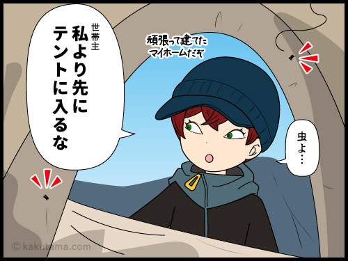 頑張って設営したテントなのに先に虫に入られるとイラッとする登山者の漫画