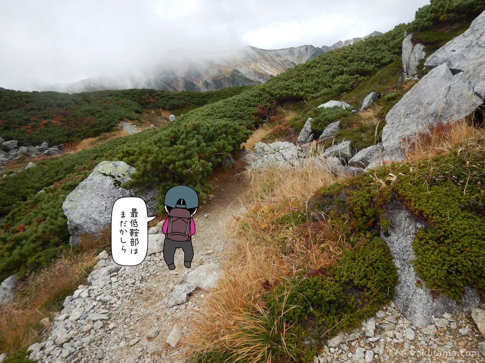 東沢乗越までどのくらいか考える登山者のイラスト