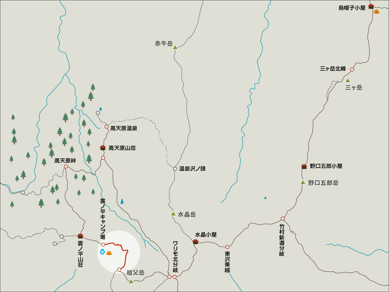 祖父岳分岐から雲ノ平キャンプ場分岐までのイラストマップ