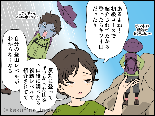 ガイド本のレベルが分からず、困っている登山初心者の4コマ漫画