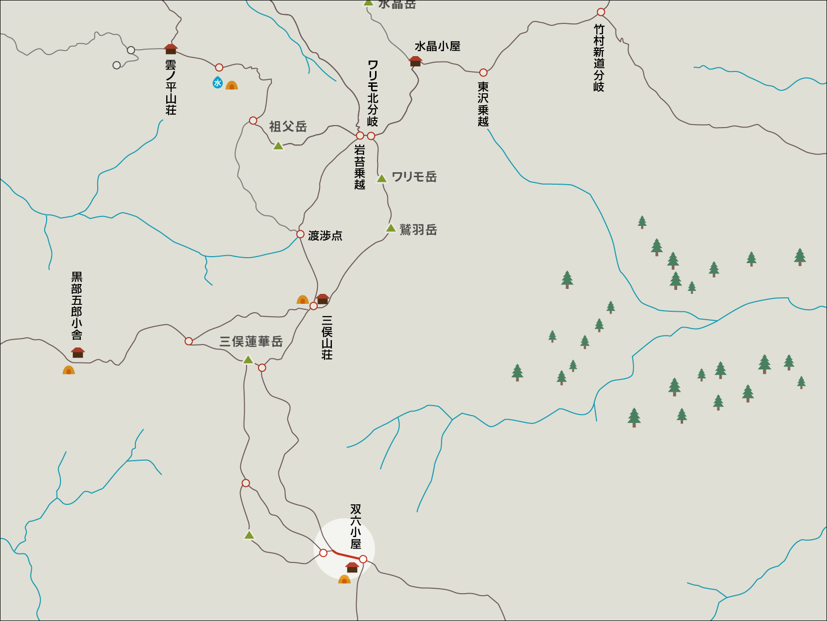 双六岳合流地点から双六小屋までのイラストマップ