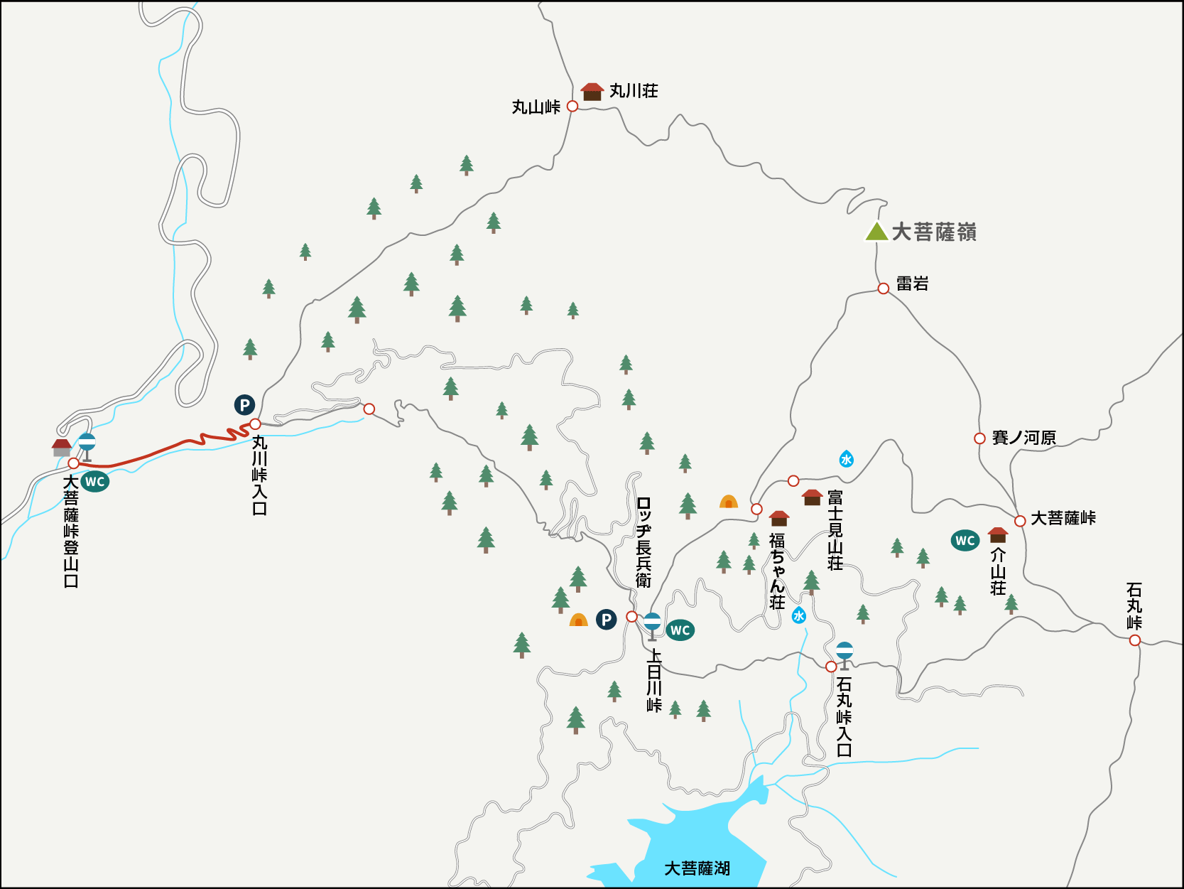 大菩薩峠登山口から丸川峠入口までのイラストマップ