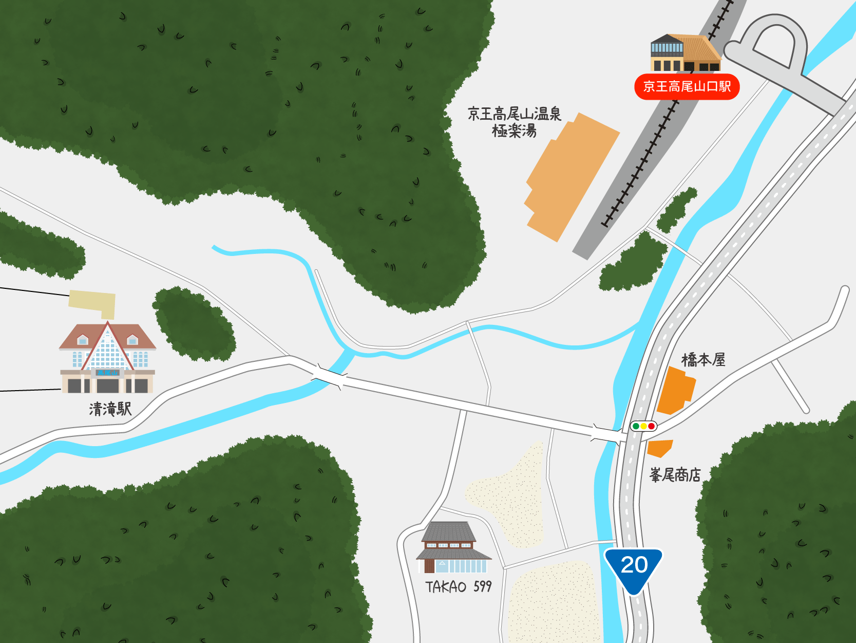 高尾山口駅から登山口までのガイド地図