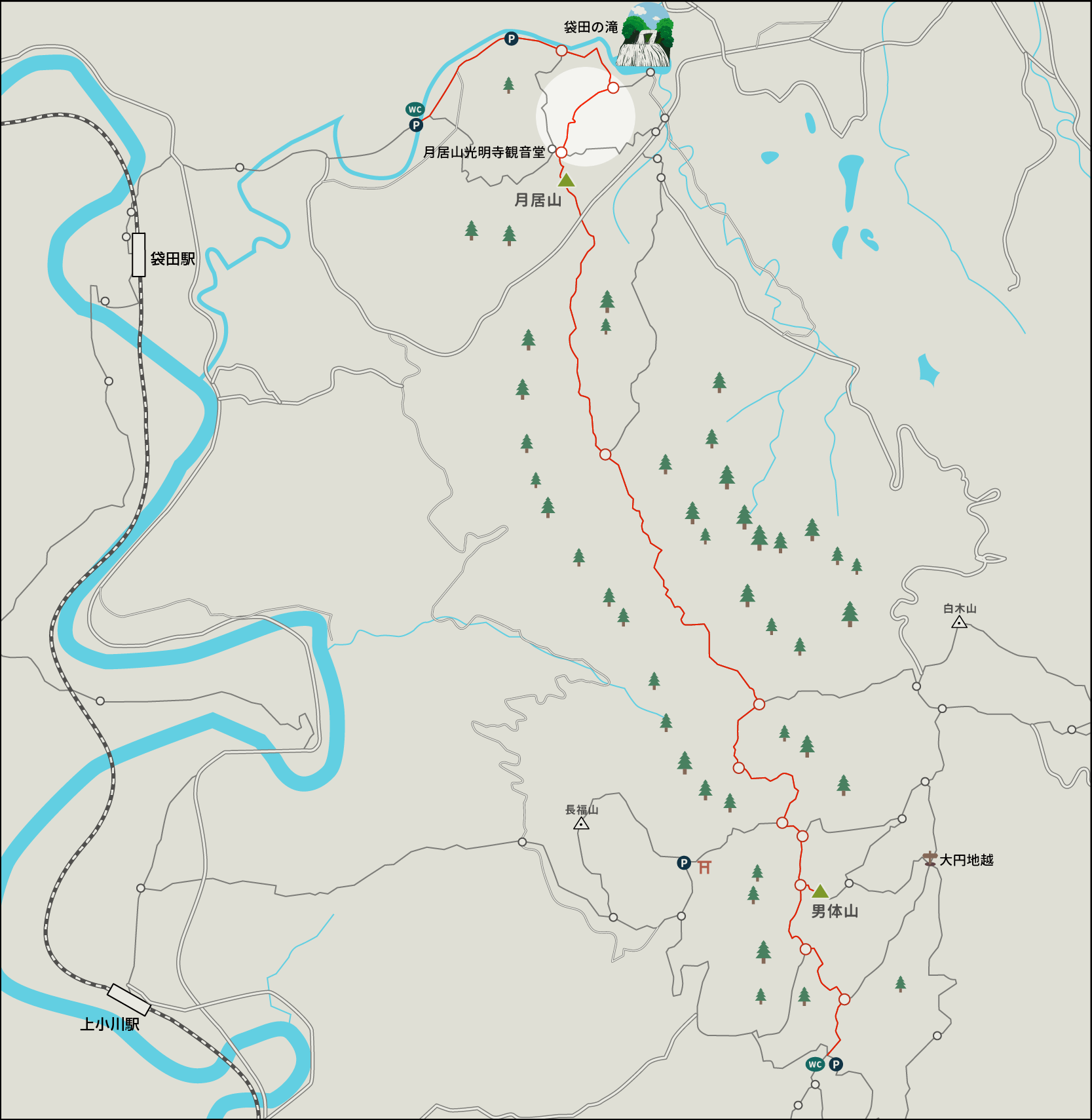月居観音堂から袋田の滝までのイラストマップ