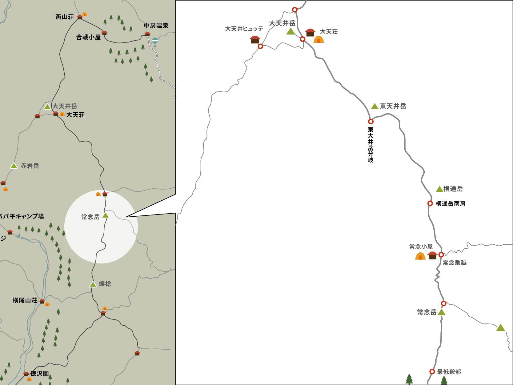 最低鞍部から常念岳へのイラストマップ