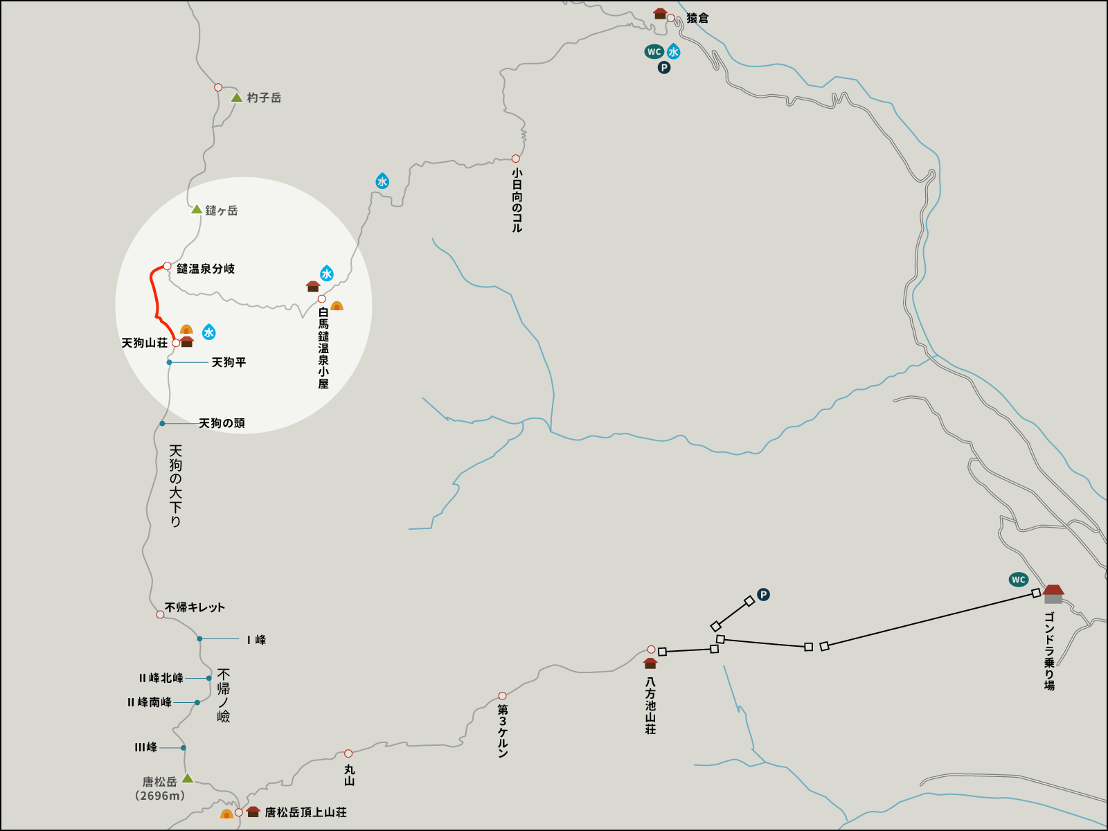 天狗山荘から鑓温泉分岐までのイラストマップ