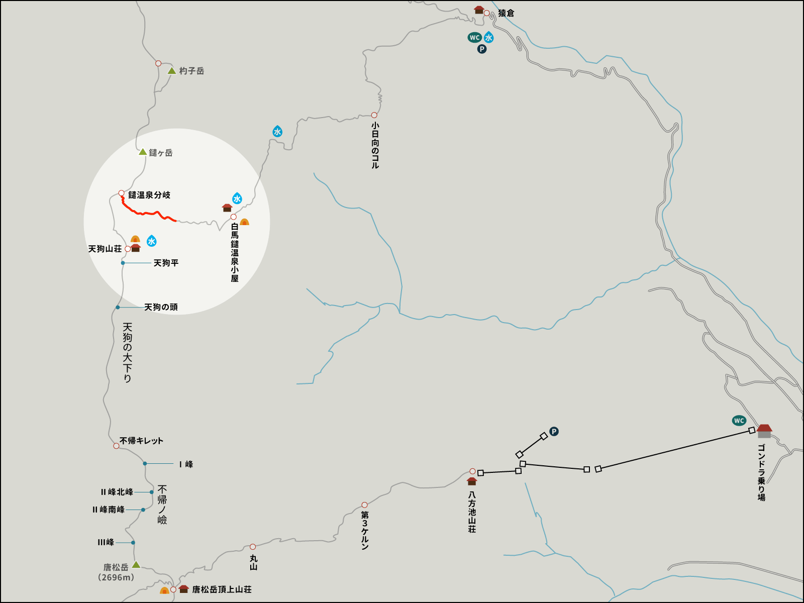 白馬鑓温泉分岐からのイラストマップ