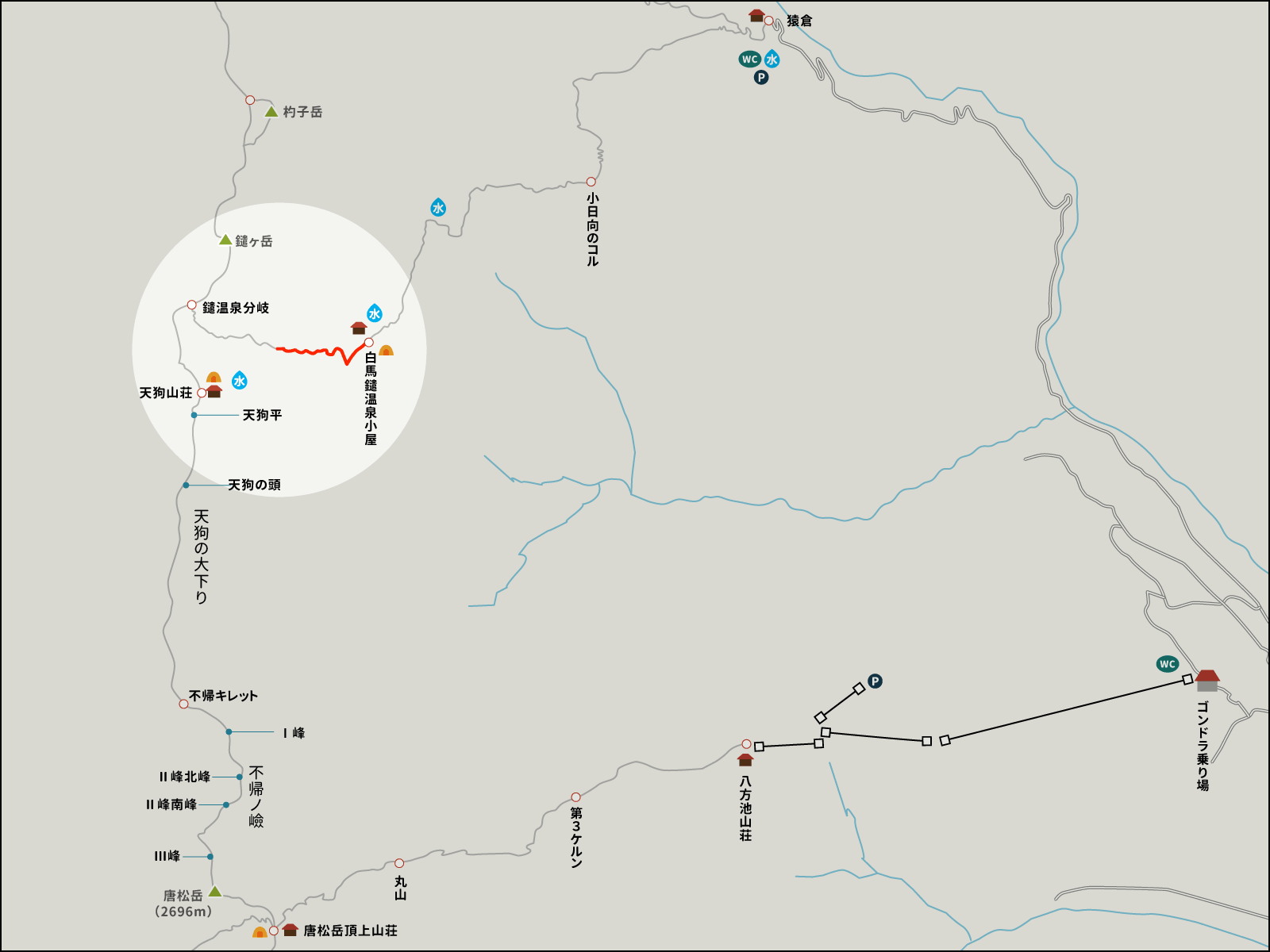 白馬鑓温泉周囲の鎖場のイラストマップ