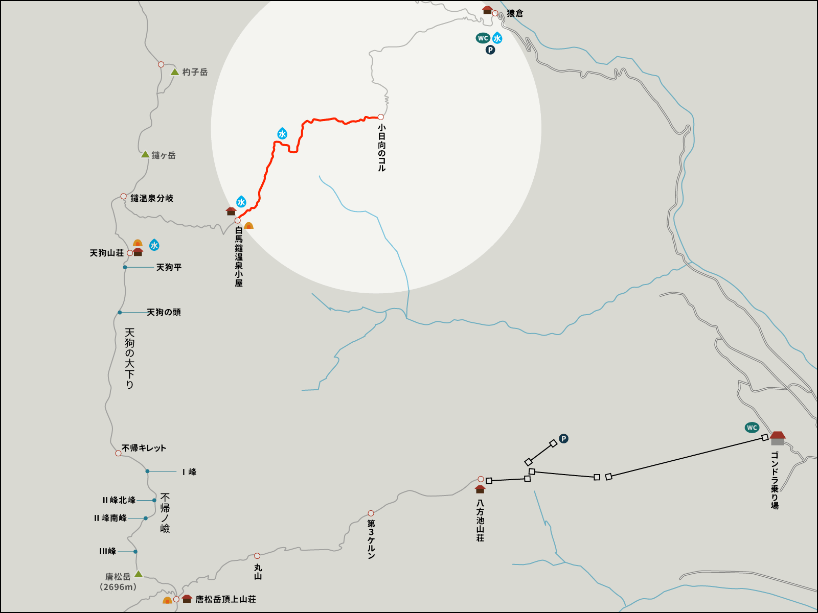 白馬鑓温泉から小日向のコルまでのイラストマップ