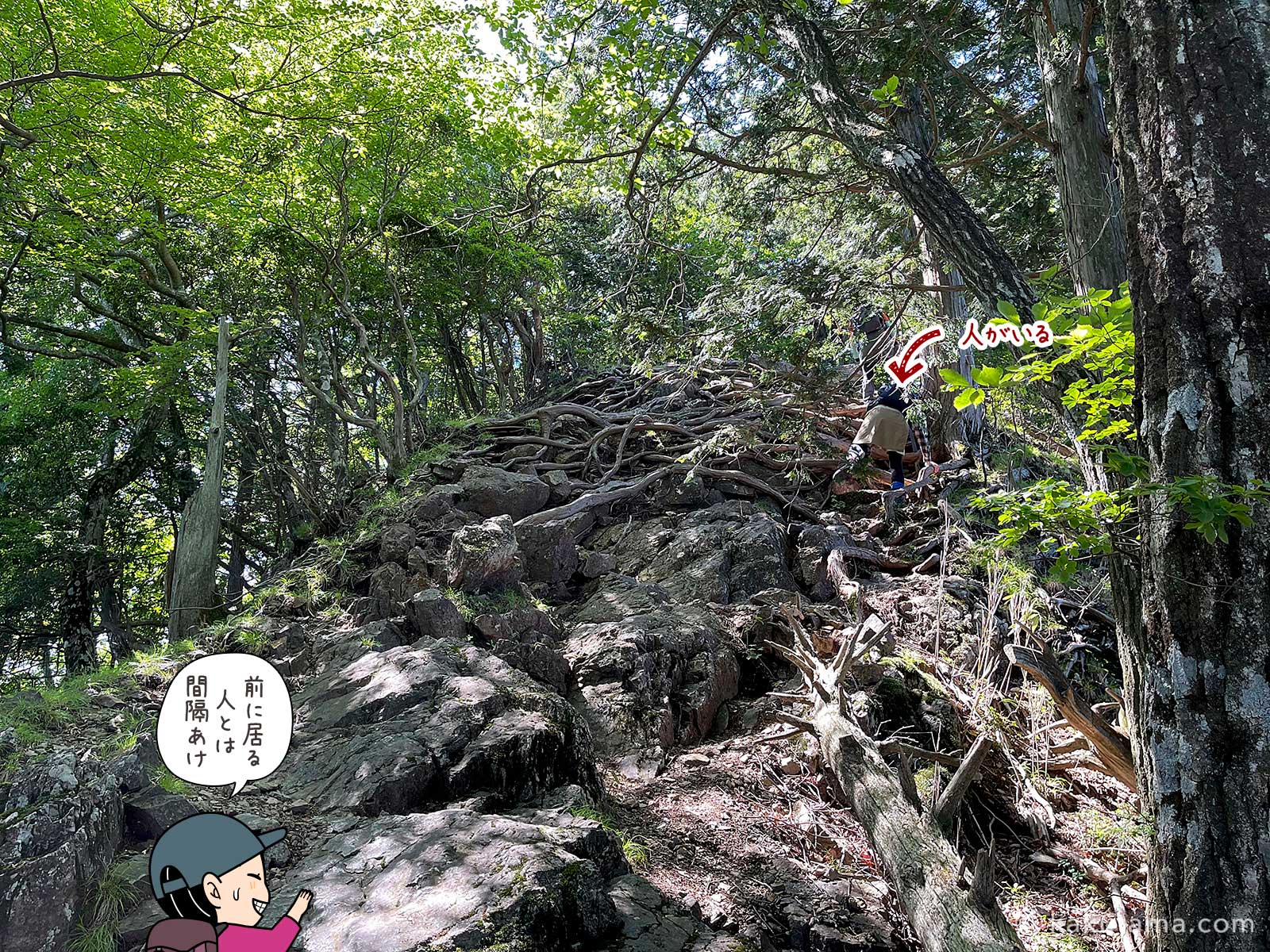 岩と木の根っこの登りを登る