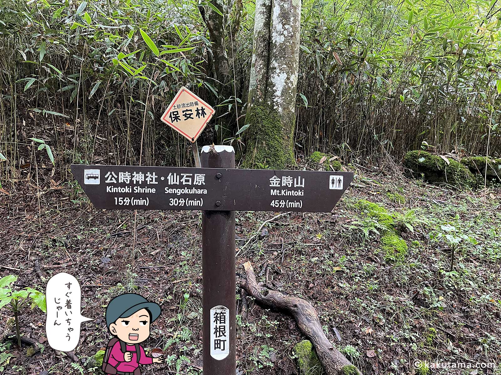 公時神社ルートの道標の写真と登山者のイラスト