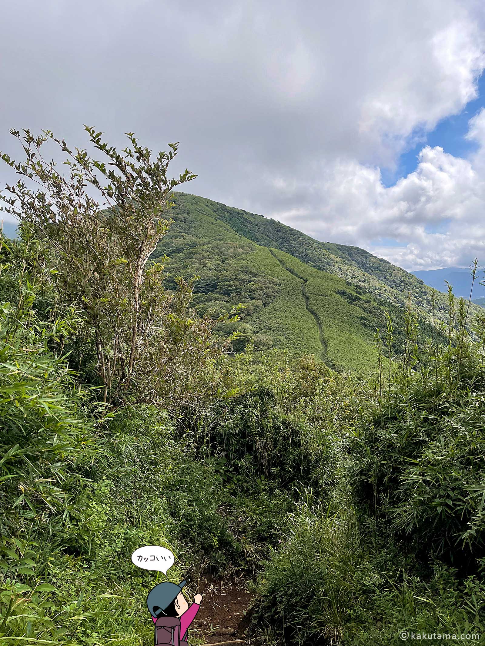 途中で見えた明神岳の美しい稜線に見惚れる写真と登山者のイラスト