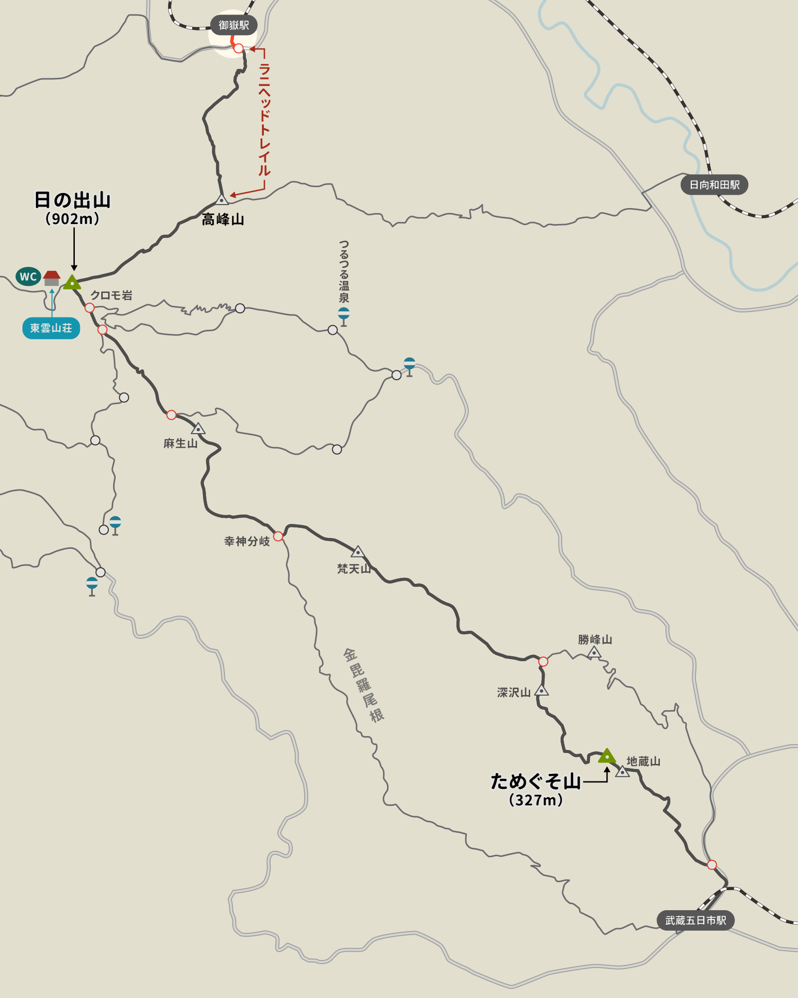 御嶽駅からラニヘッドトレイルを経て日の出山、ためぐそ山へのイラストマップ