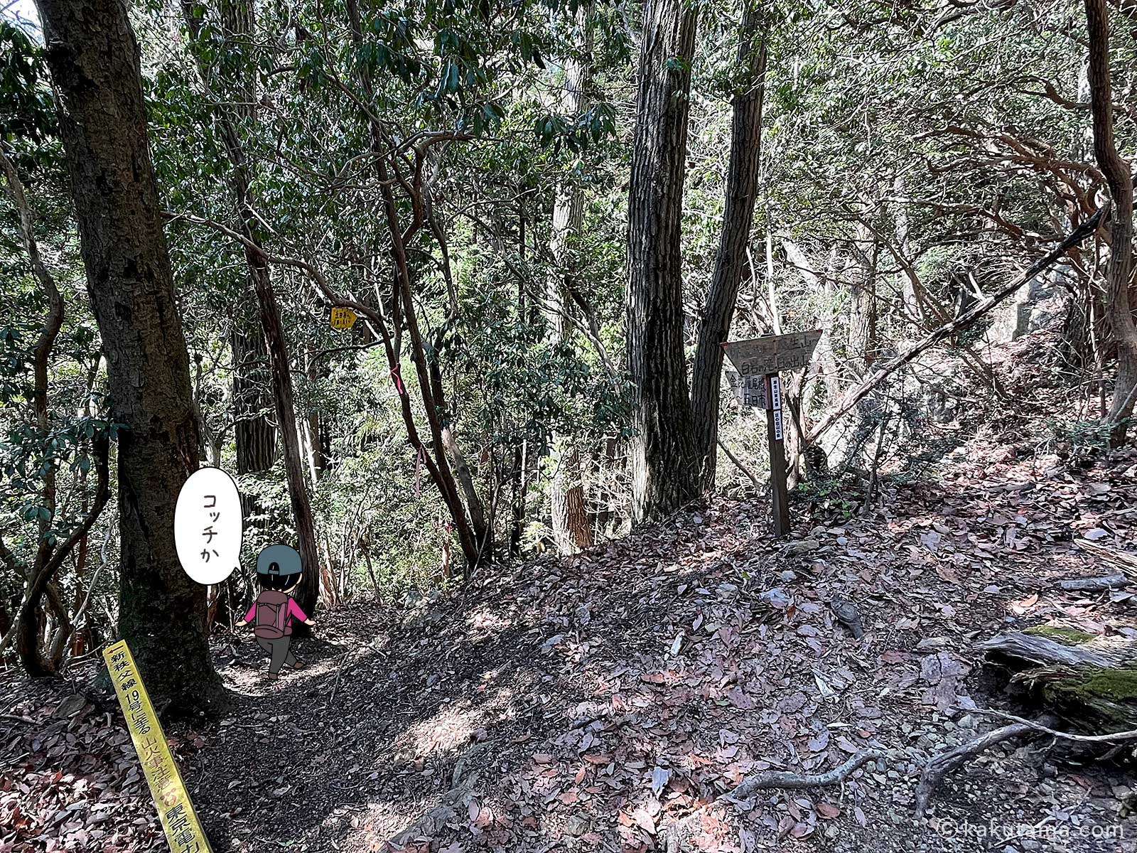 麻生山から先へ進む写真と登山者のイラスト