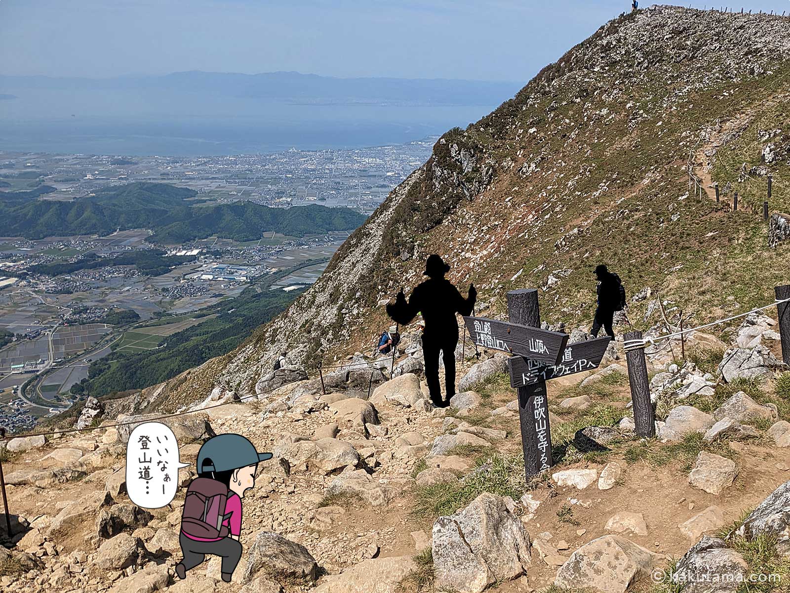 伊吹山登山口との合流地点の写真と登山者のイラスト