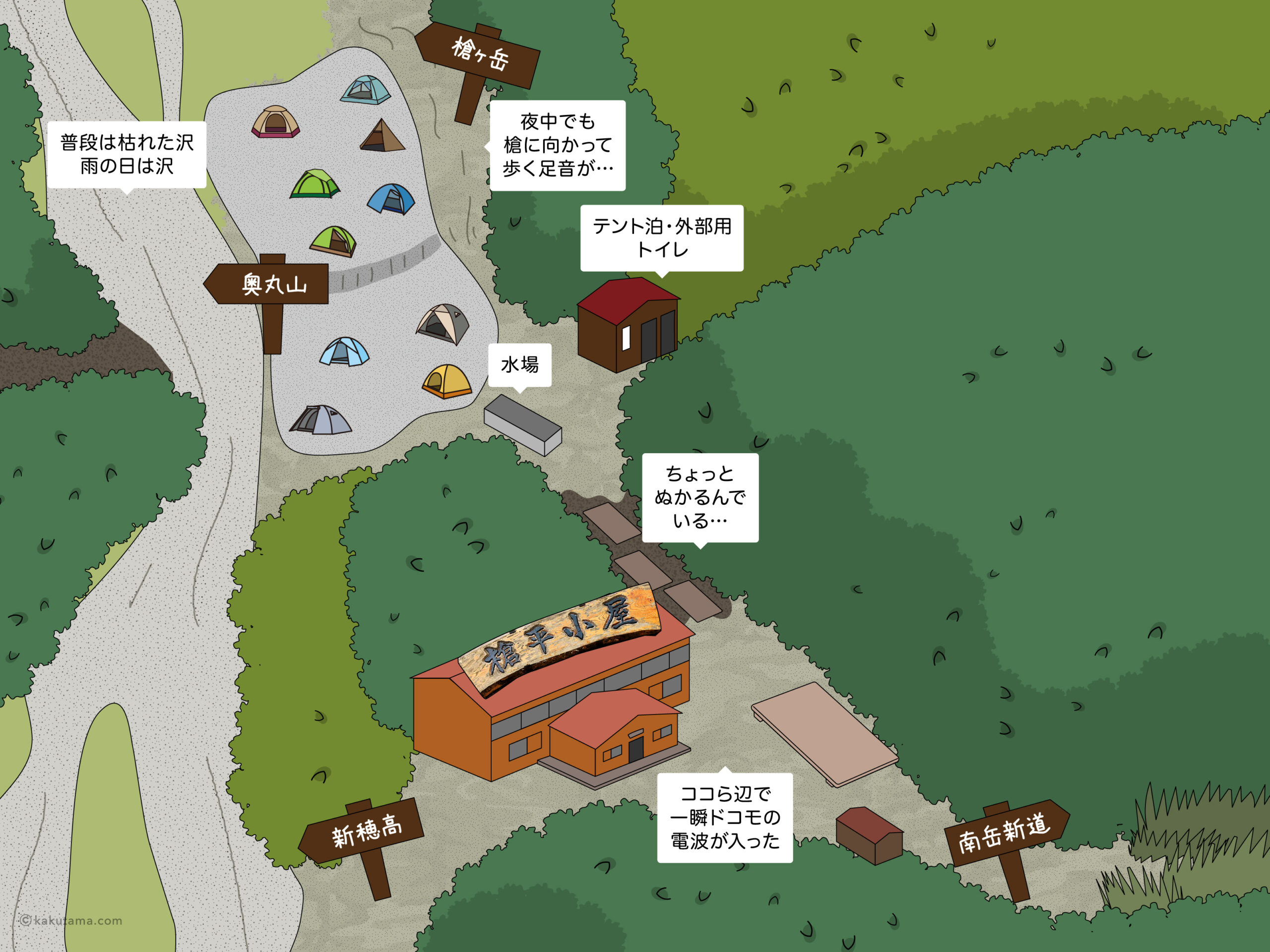 槍平小屋とテント場のイラストマップ
