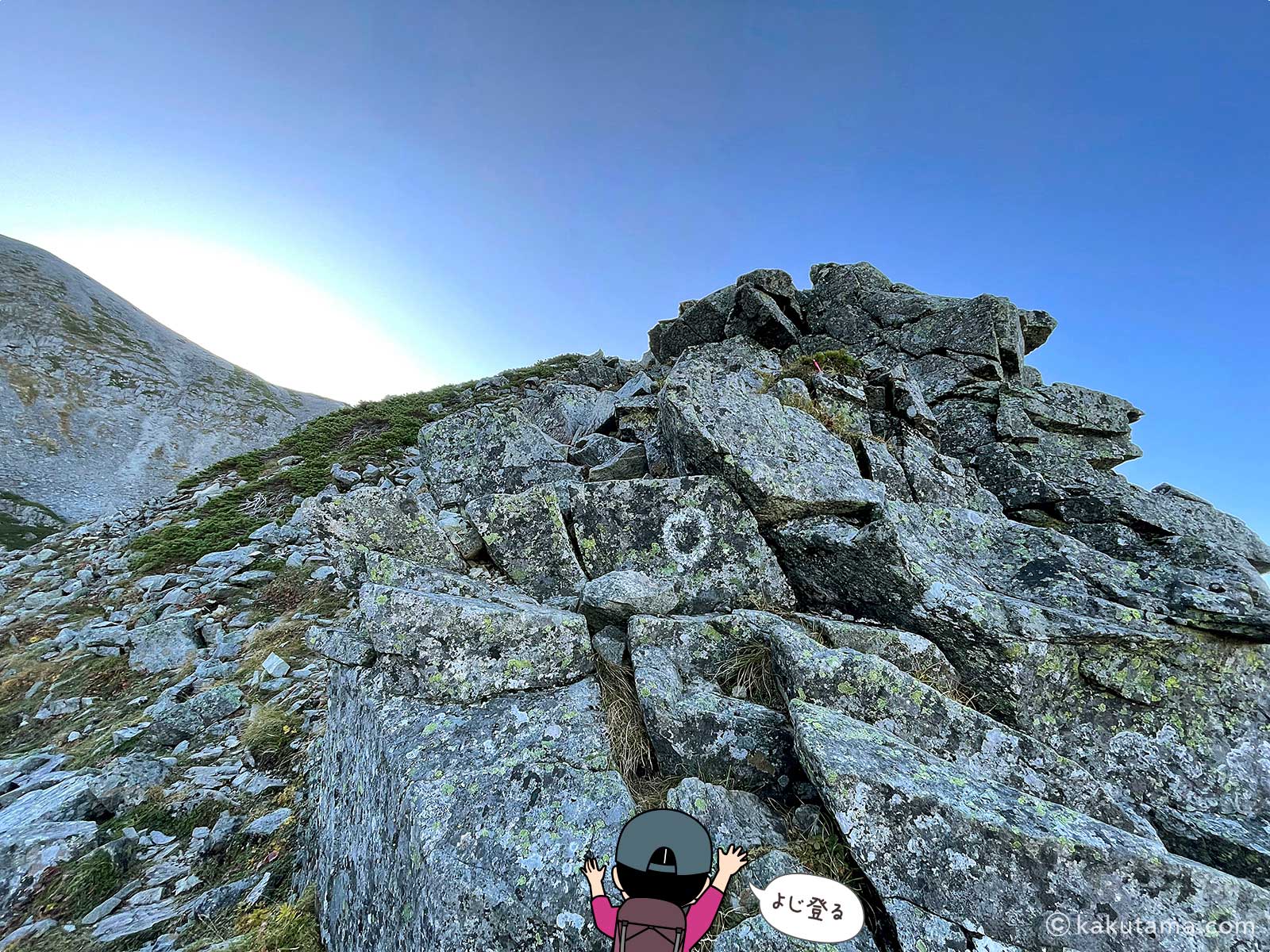 岩場の急登ゾーンの写真と登山者のイラスト
