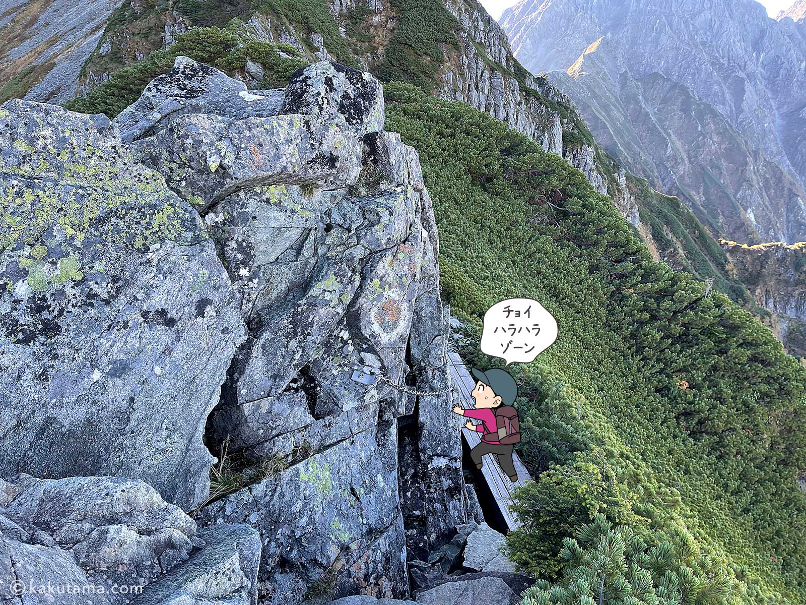 南岳新道の稜線と回り込む板の上を歩く写真と登山者のイラスト