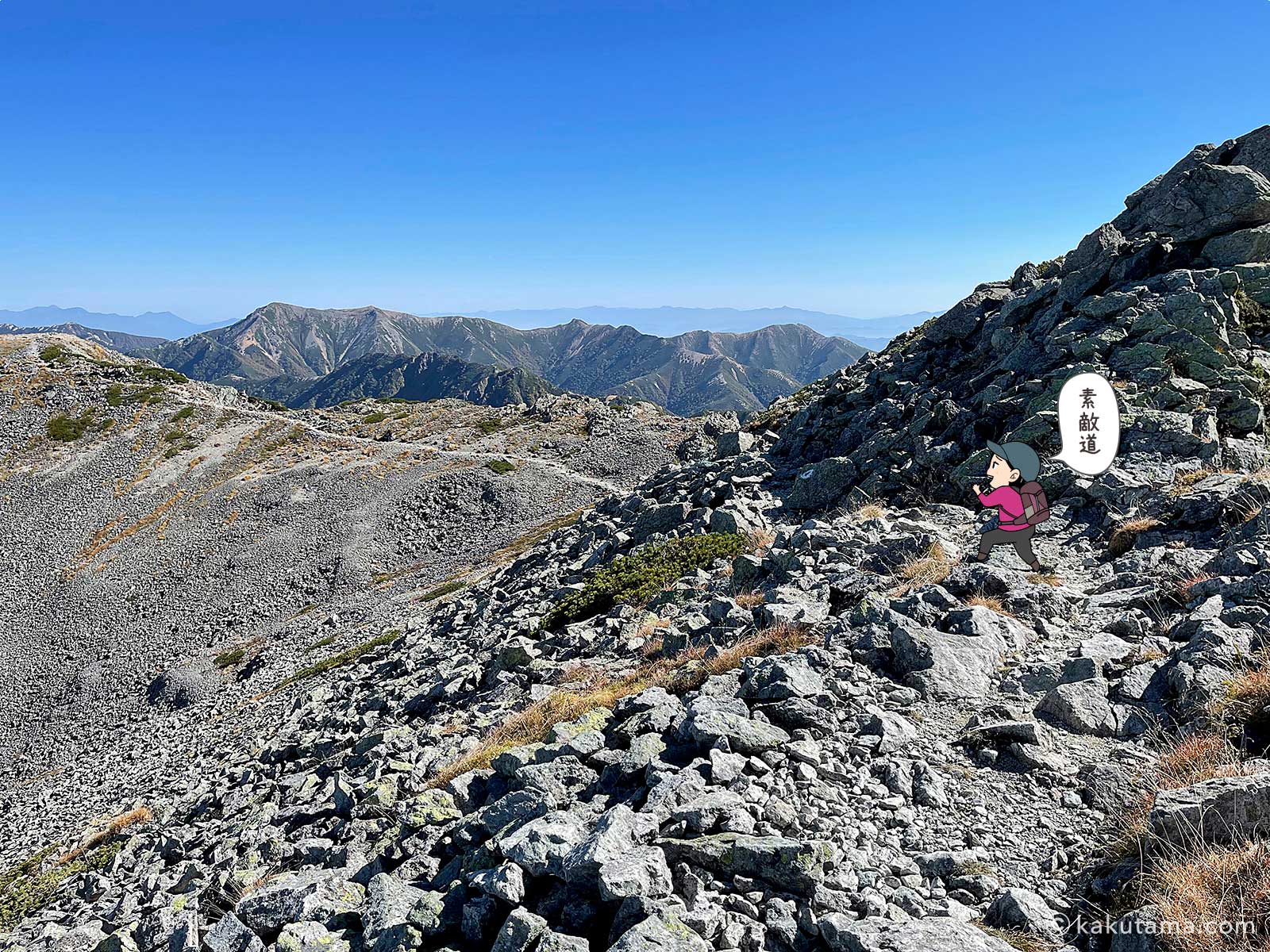 槍ヶ岳へ向かって伸びる稜線の写真と登山者のイラスト2