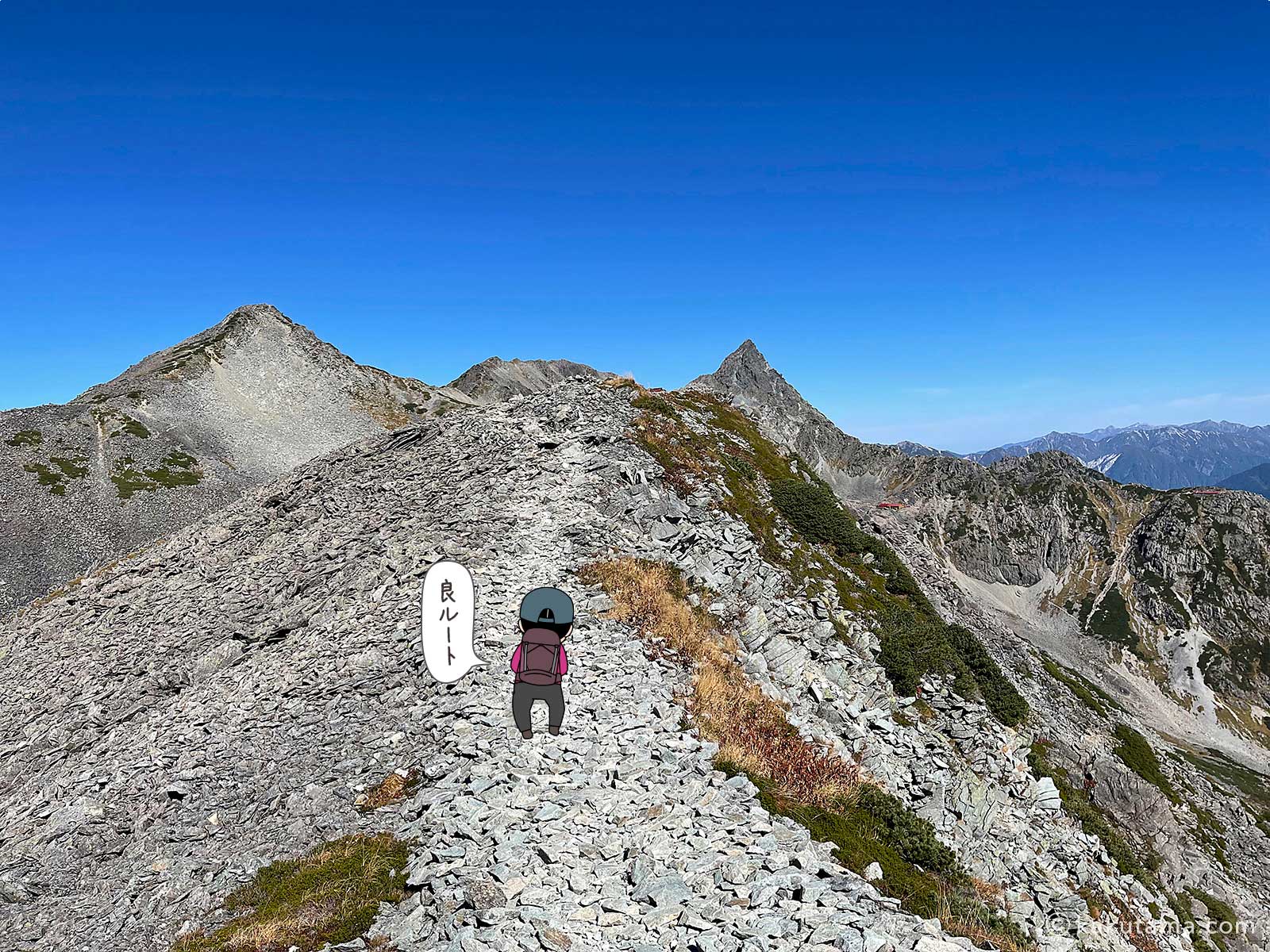 中岳向かって歩く写真と登山者のイラスト