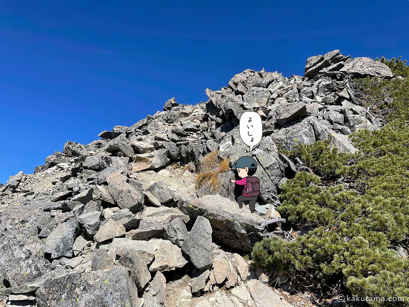 中岳山頂へ向かって登る写真と登山者のイラスト
