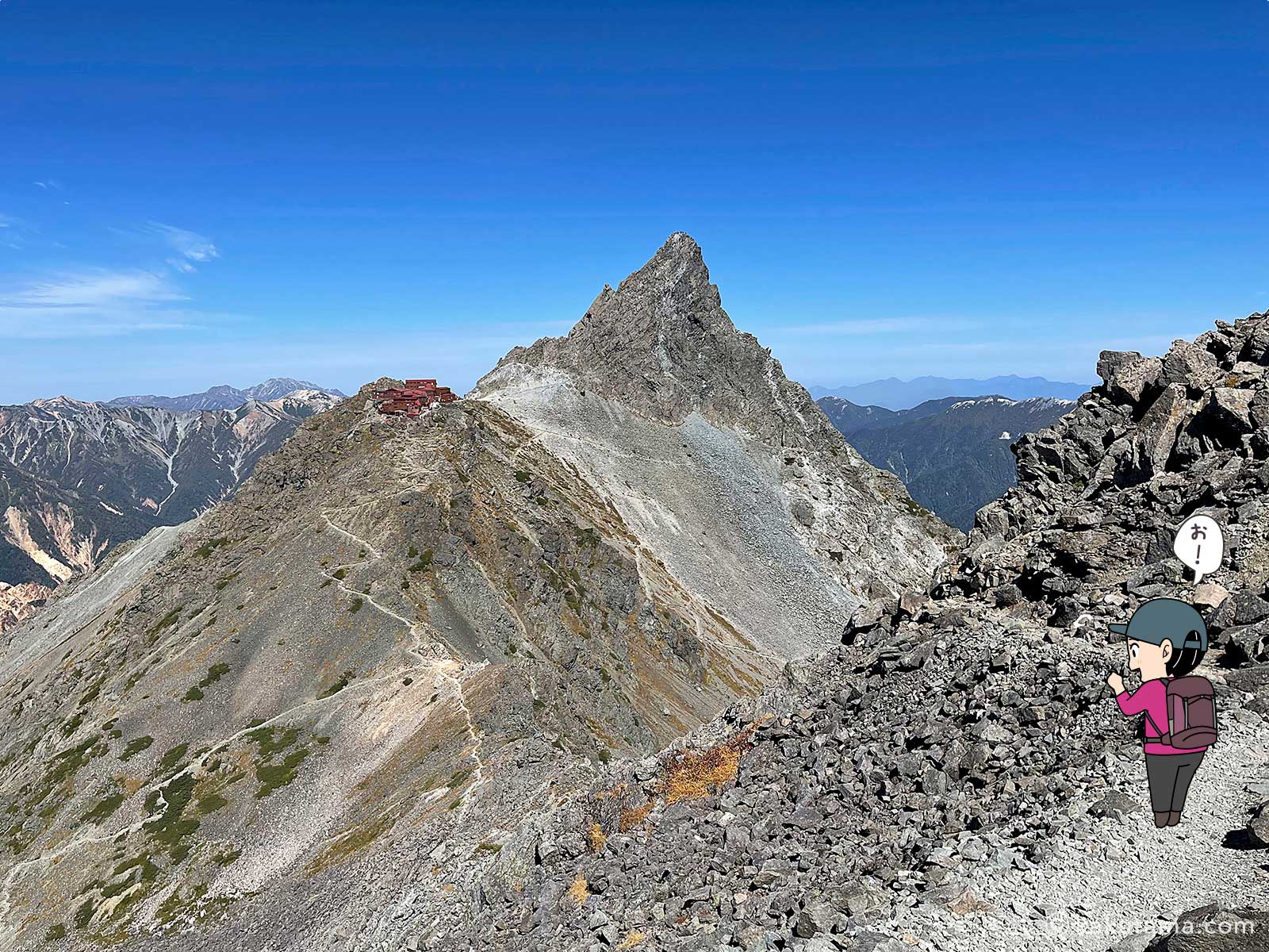 大喰岳から槍ヶ岳を眺める写真と登山者のイラスト
