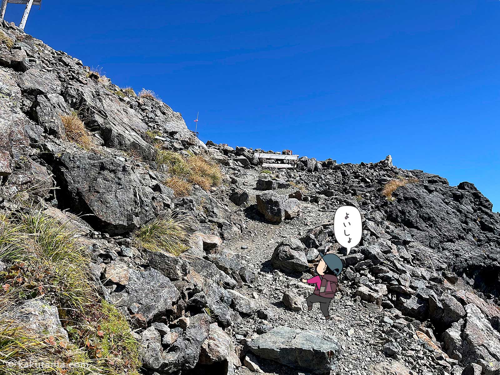 槍ヶ岳へ向かって登る写真と登山者のイラスト