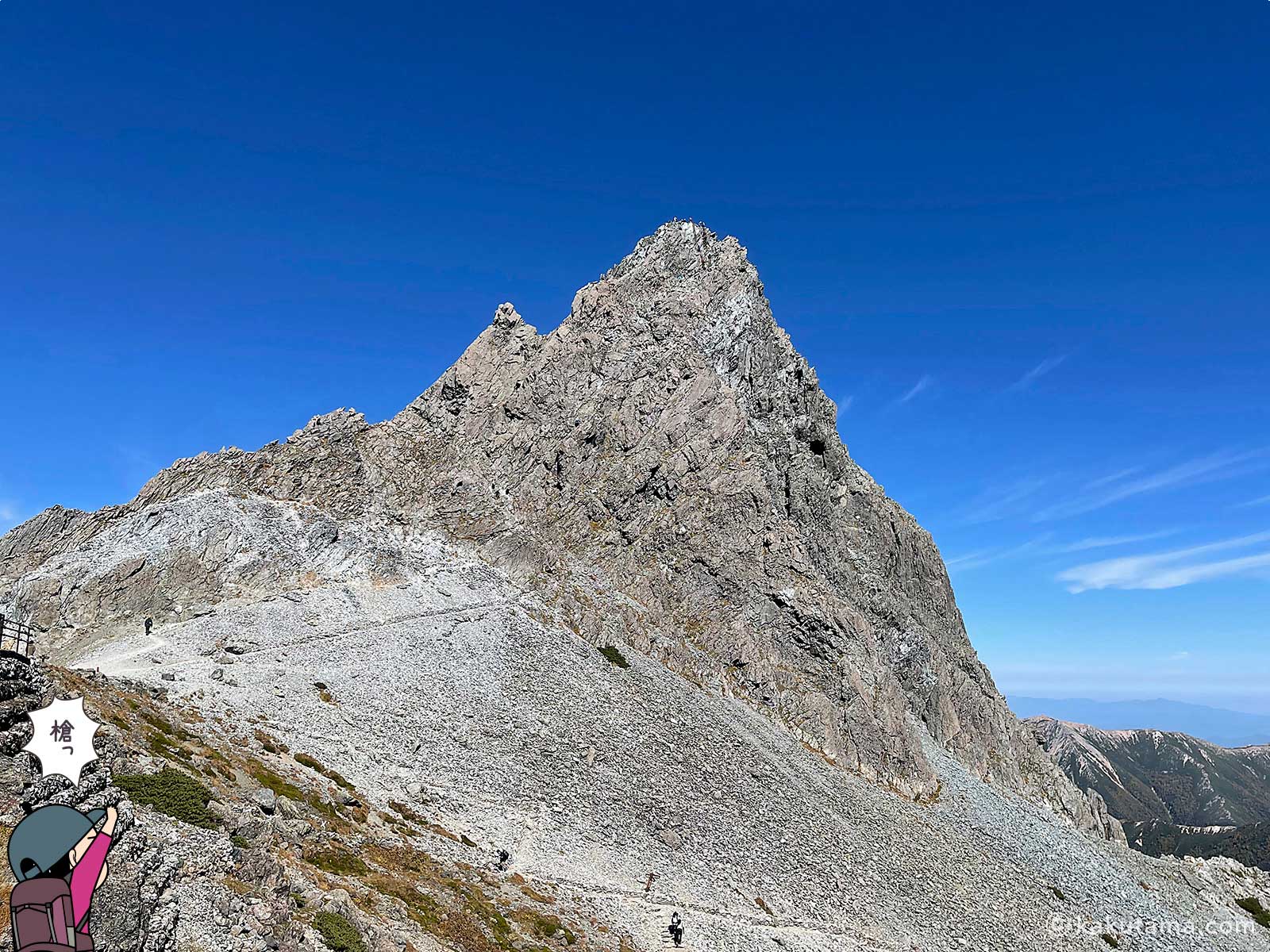 槍ヶ岳の写真と登山者のイラスト
