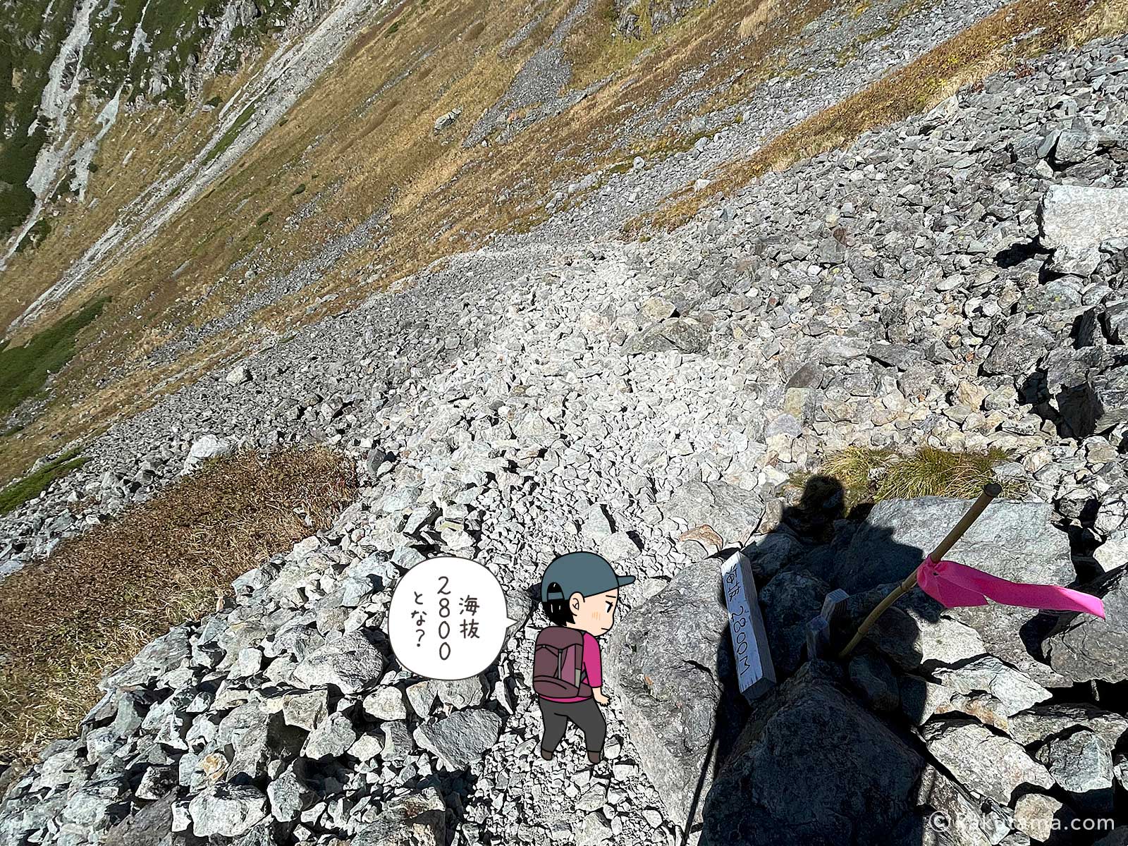 海抜2800m看板の写真と登山者のイラスト