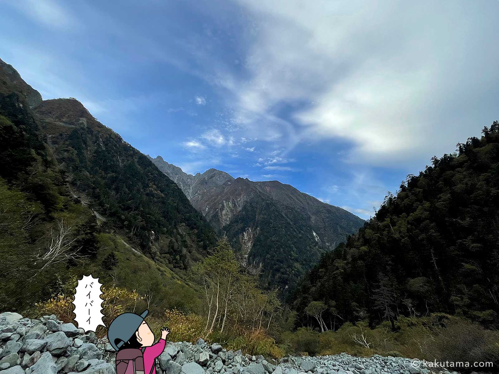 滝谷から見上げた奥穂高岳方面の写真と登山者のイラスト