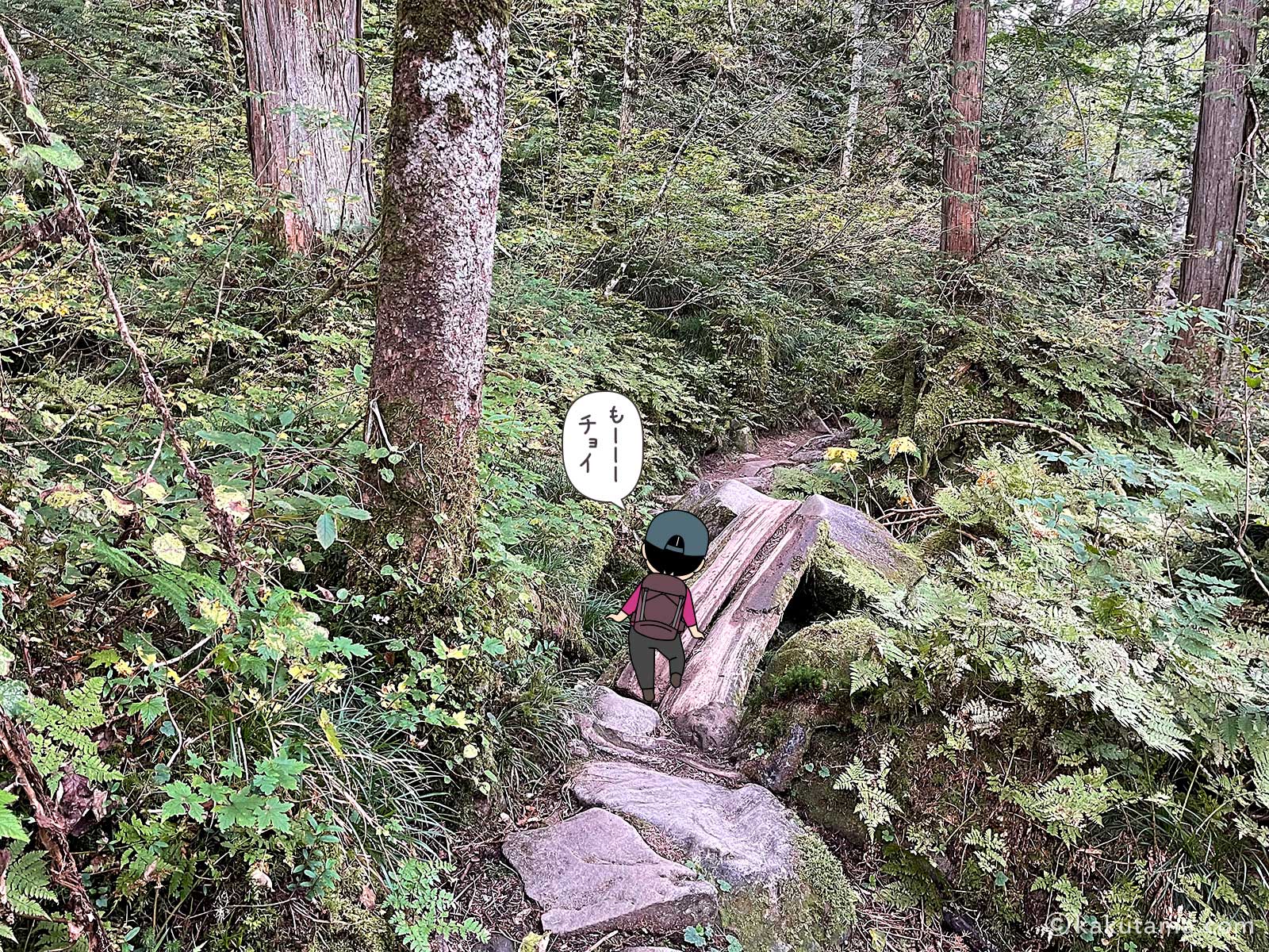 槍平小屋から新穂高温泉へ下山していく写真と登山者のイラスト