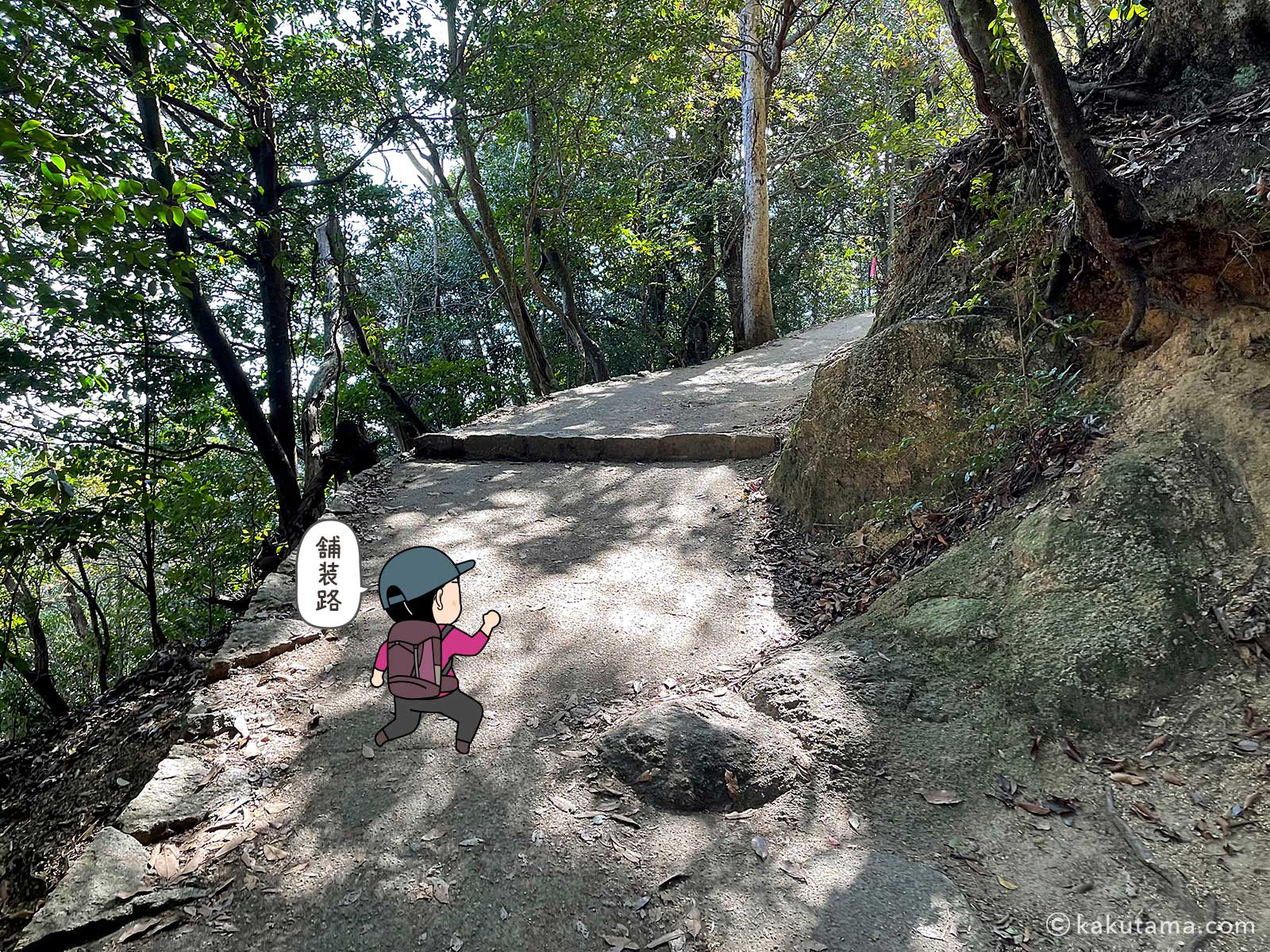 弥山登山道紅葉道コース分れから弥山山頂を目指して歩き出す写真と登山者のイラスト2