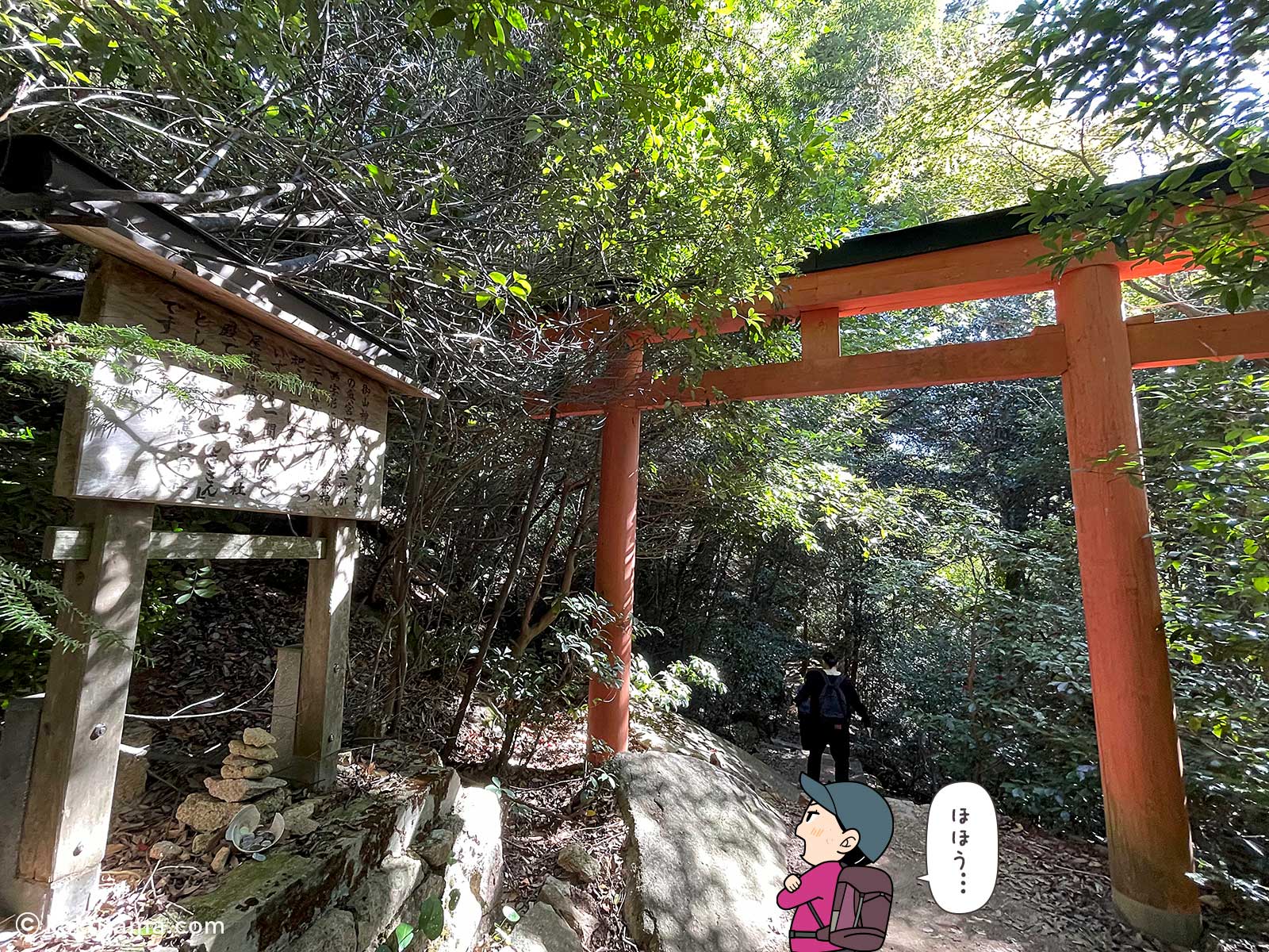 御山神社二の鳥居の写真と登山者のイラスト