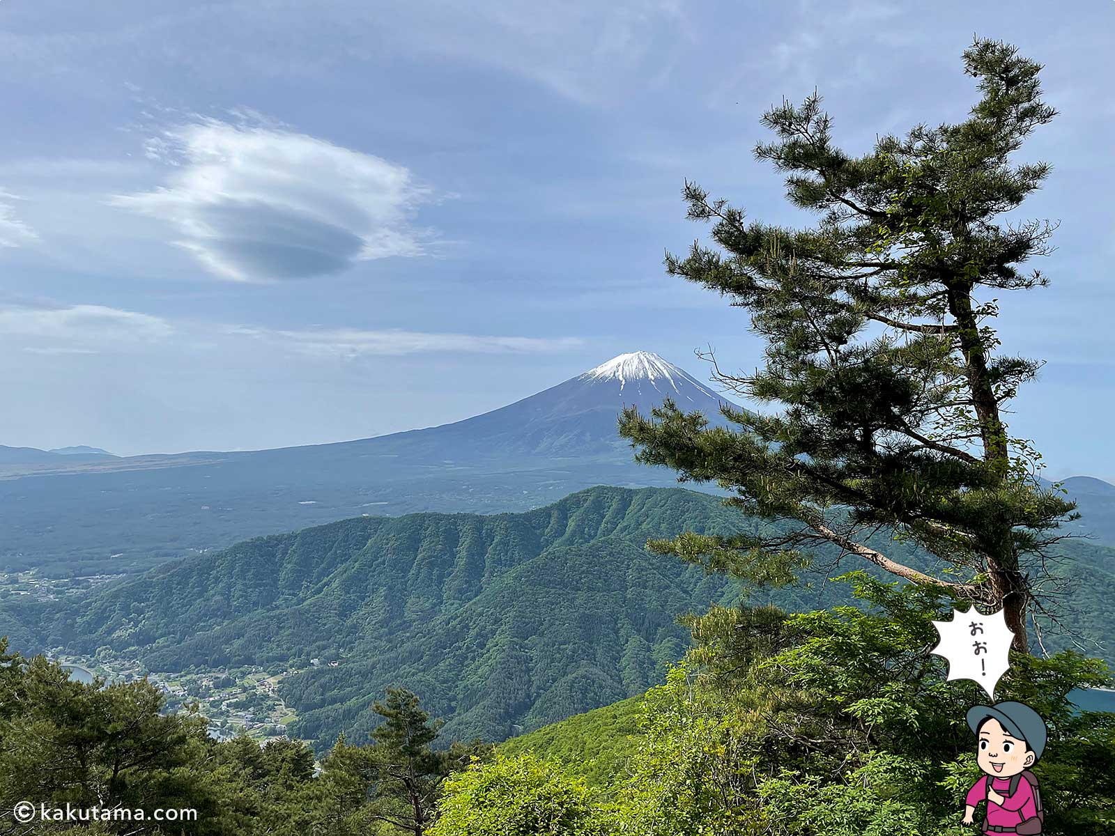 毛無山山頂近くから見る富士山の写真と登山者のイラスト